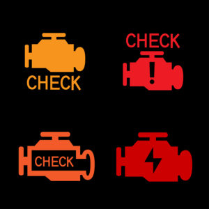 Engine check icons. Car control panel interface isolated on black background. Indicators inside your car